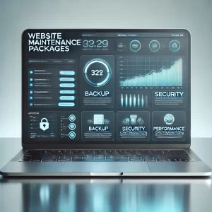 A sleek and professional product image showcasing a website maintenance service package. The design should feature a modern laptop on a clean desk set