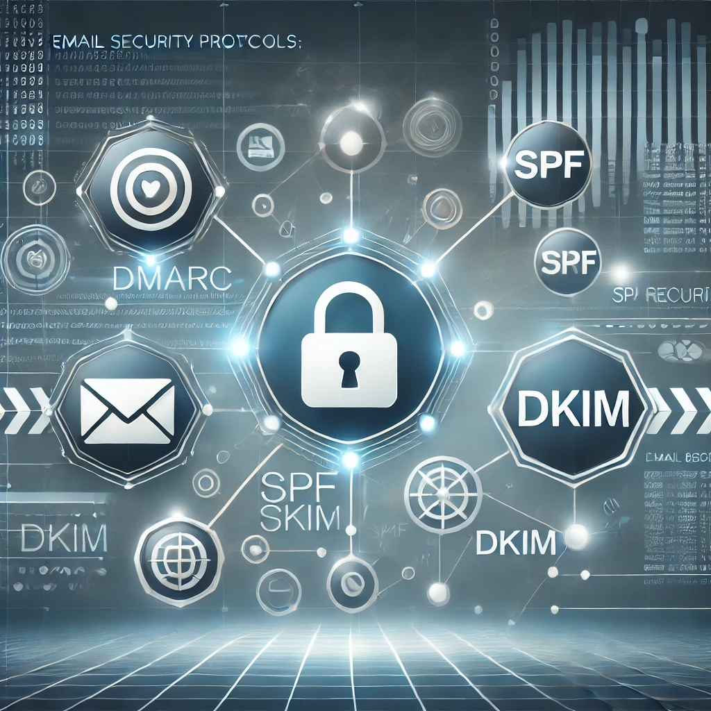 A modern, professional illustration explaining email security with a focus on DMARC, SPF, and DKIM protocols. The design features interconnected icons