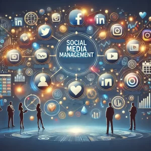 A sleek, modern digital illustration highlighting the key features of social media management. The image includes abstract representations of social media management.