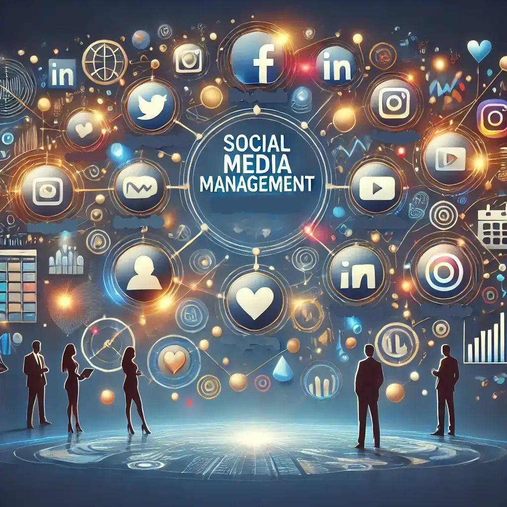 A sleek, modern digital illustration highlighting the key features of social media management. The image includes abstract representations of social media management.