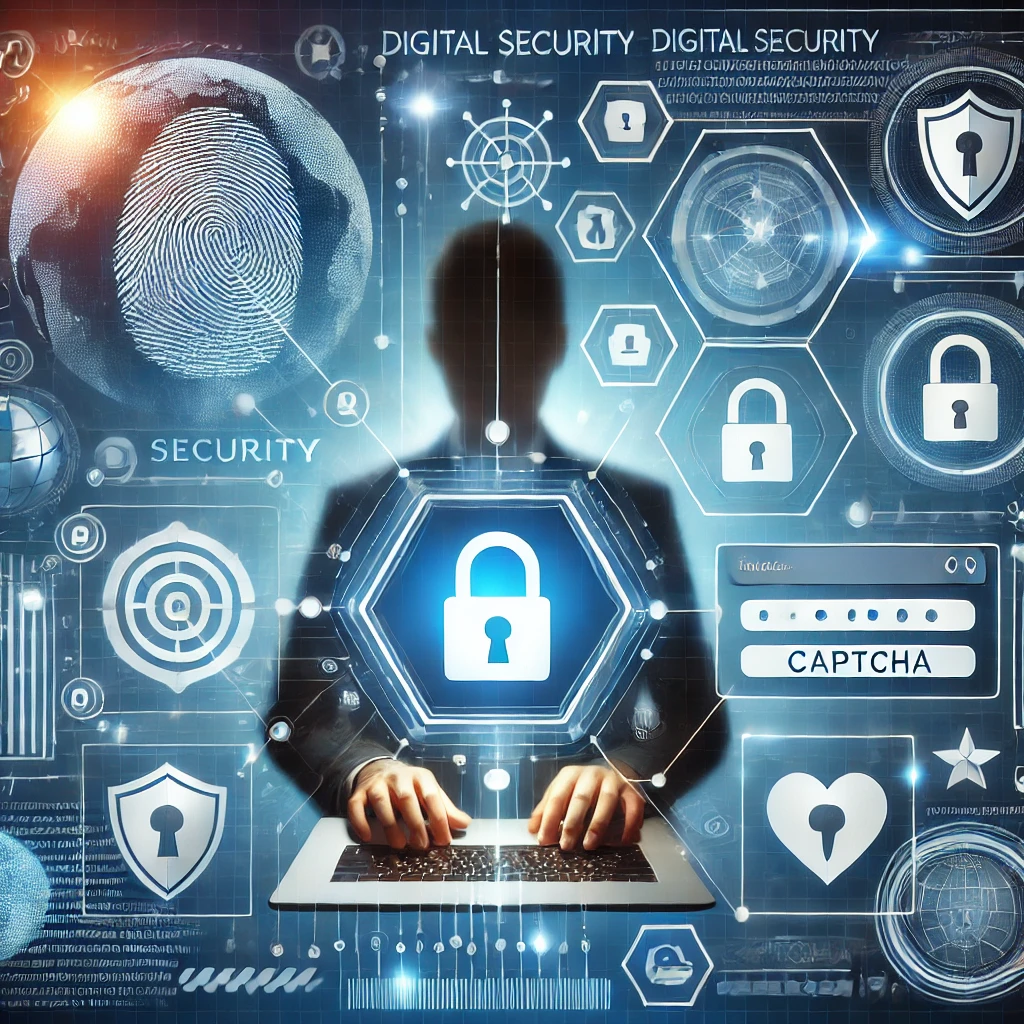 A high-tech and visually engaging illustration of a person using a laptop, surrounded by digital security icons