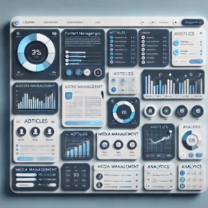 A modern UI_UX mockup of a content management system. The interface features a clean, professional design with a sleek dashboard.
