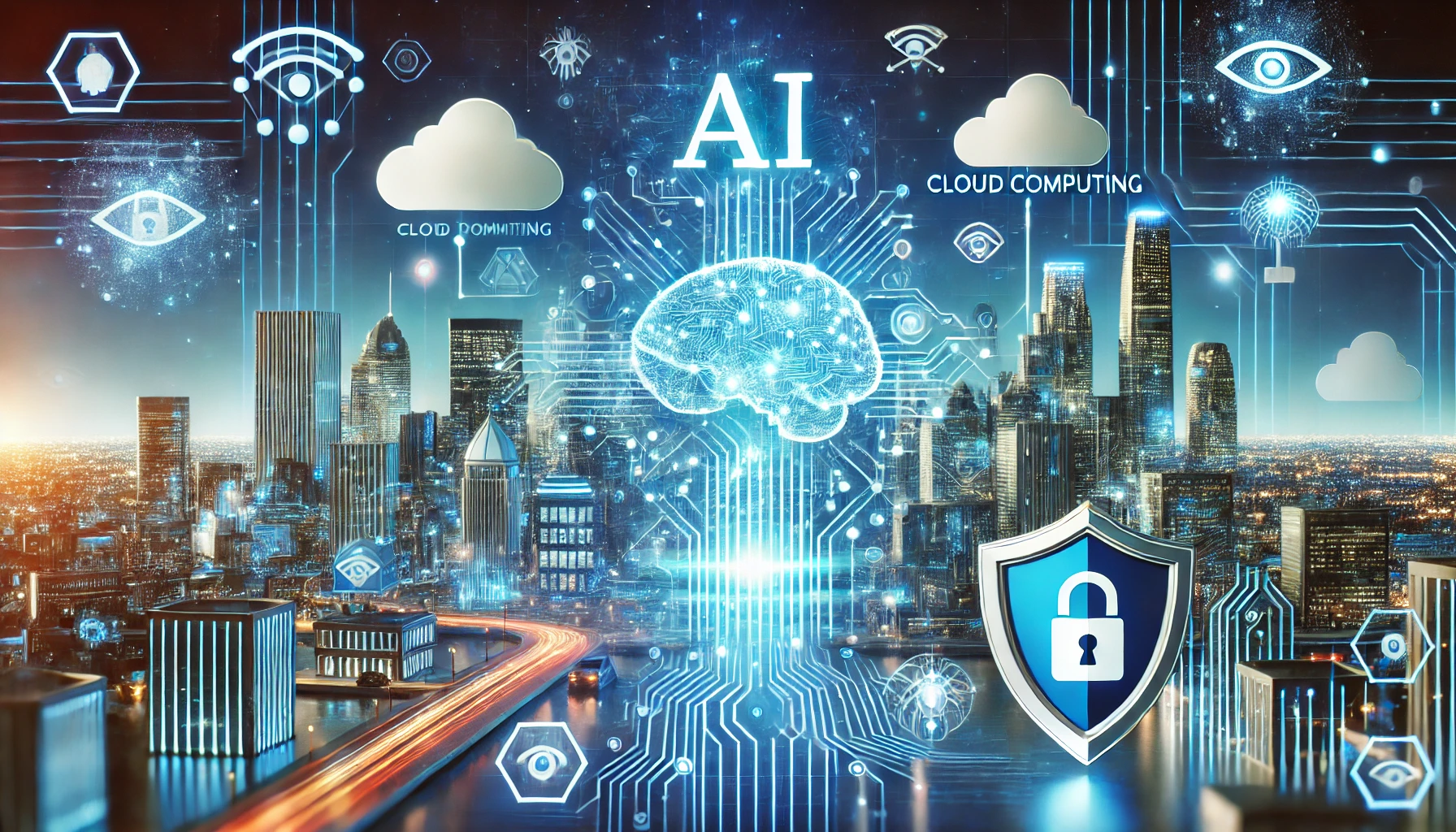A futuristic digital landscape featuring AI, cloud computing, and cybersecurity icons.