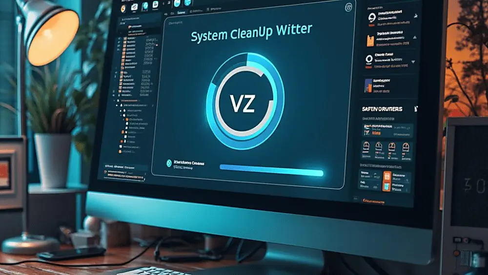 A modern workspace with a neatly organized computer screen displaying a "System Cleanup" progress bar