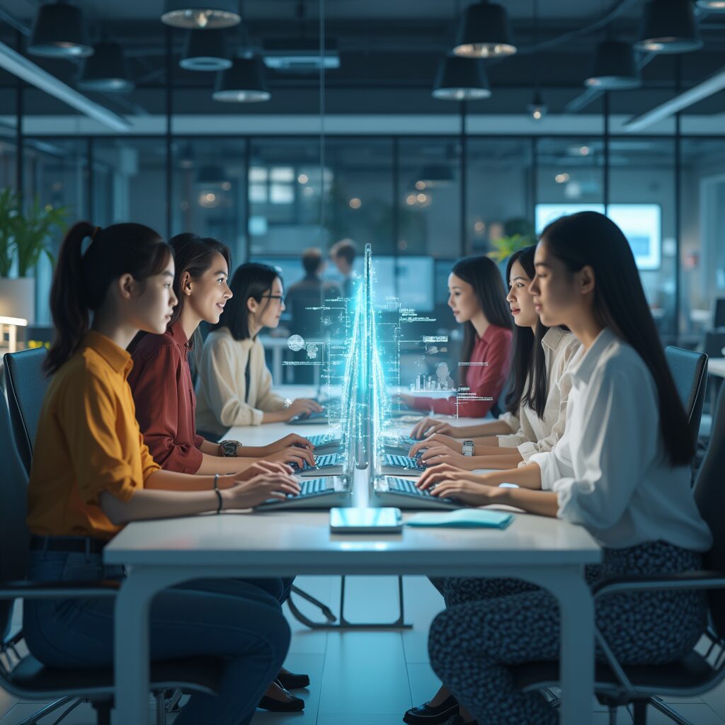 A diverse group of women in technology working on computers, collaborating in a modern office with holographic data interfaces.