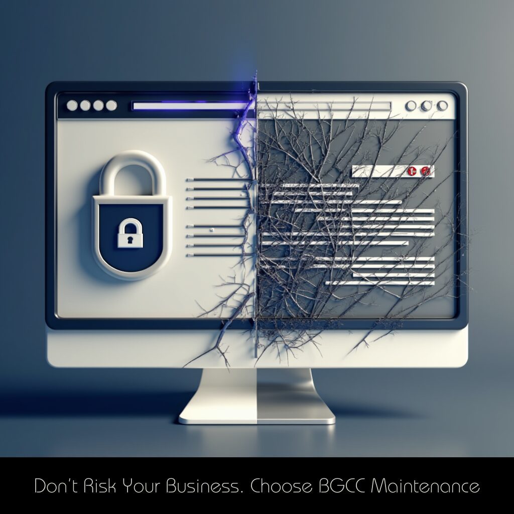 A split-screen design: Left side—a secure, high-performing website with a shield icon; Right side—a cracked, glitchy website with warning symbols. Overlaid text: "Don’t Risk Your Business. Choose BGCC Maintenance."