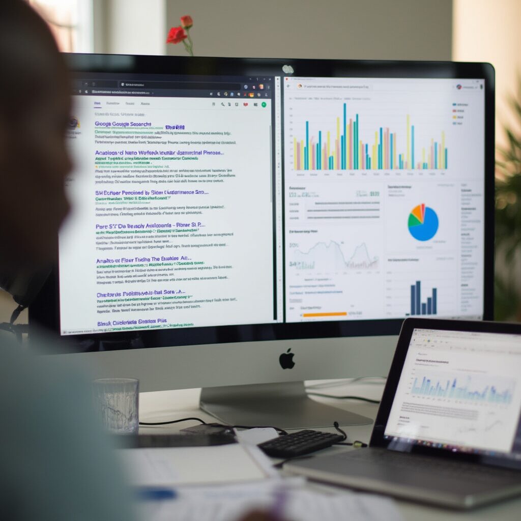 Two computer monitors display search engine results and various charts and graphs, while a person sits and works at a desk with papers and a laptop.