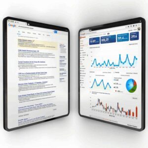 Two tablet screens side by side, one displaying Google search results and the other showing website analytics with graphs and data metrics.