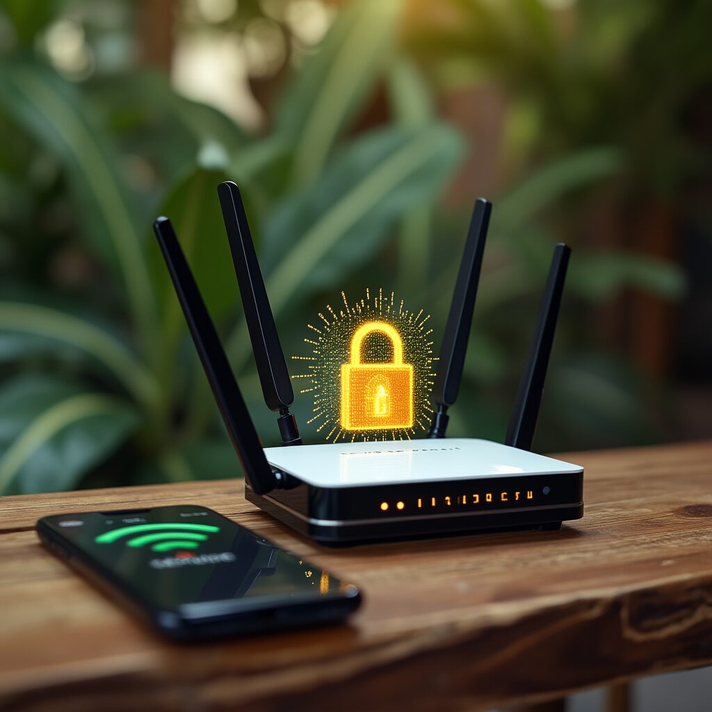 A wireless router with a glowing padlock icon above it sits next to a smartphone on a wooden surface, symbolizing secure Wi-Fi connectivity.