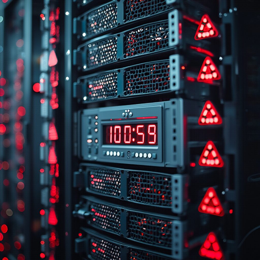 Server racks with red indicator lights and a digital display showing 100:59 in a data center environment.