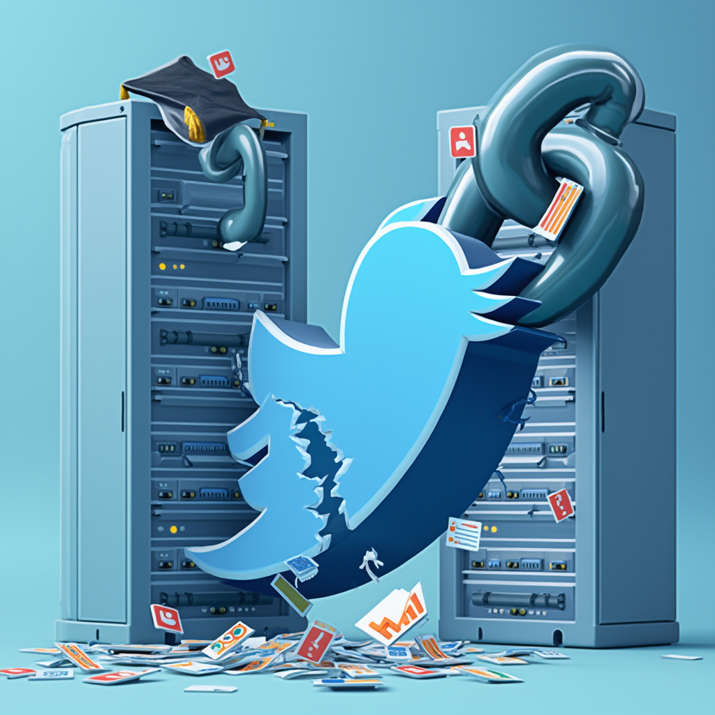 A visual of a large, broken chain link shaped like the Twitter bird logo