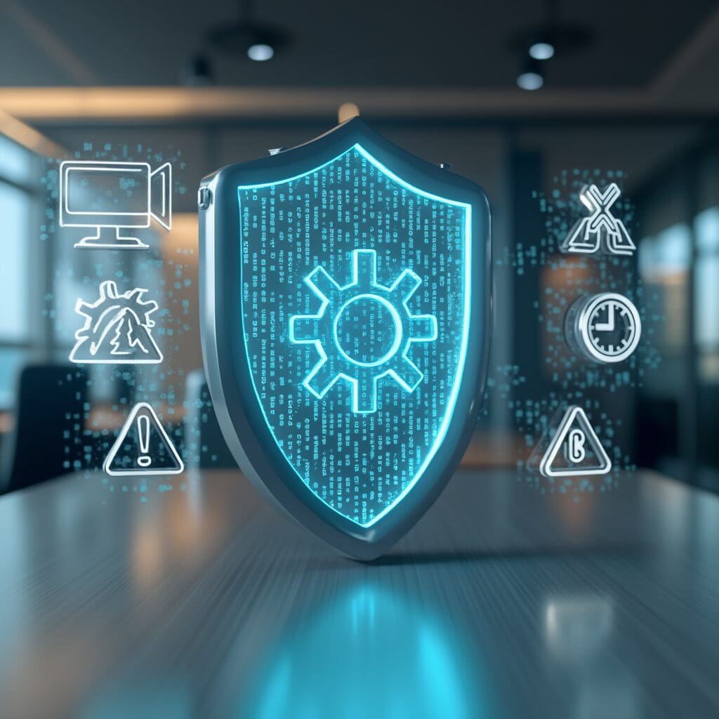 A glowing digital shield with a gear icon is surrounded by cybersecurity and technology symbols, representing digital protection in a modern office setting.