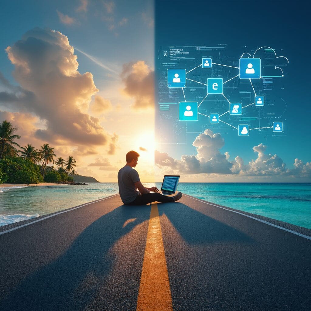a developer coding with a laptop overlooking the sea, data visualizations, cloud icons