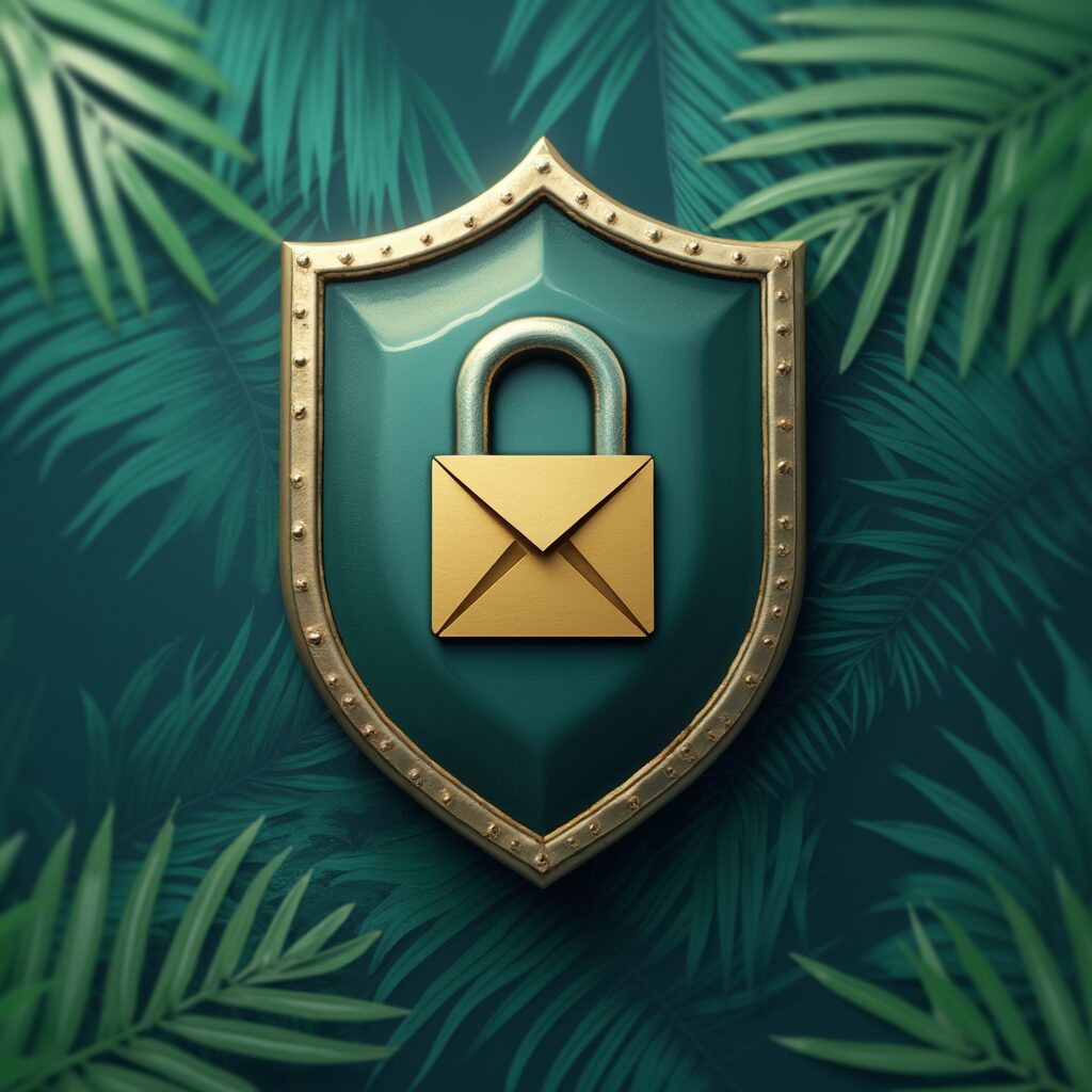 A visual of a secure, locked shield enveloping a typical email envelope icon. The background subtly features a tropical pattern (e.g., palm leaves) to nod to the Caribbean audience.