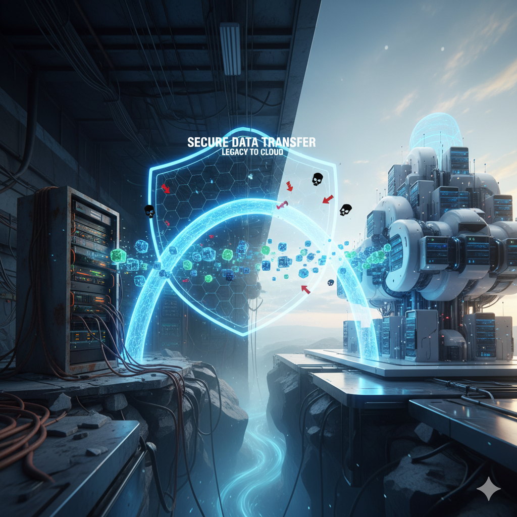 A digital illustration shows secure data transfer from a legacy server to a cloud system, with visual elements representing encryption and data movement between the two platforms.