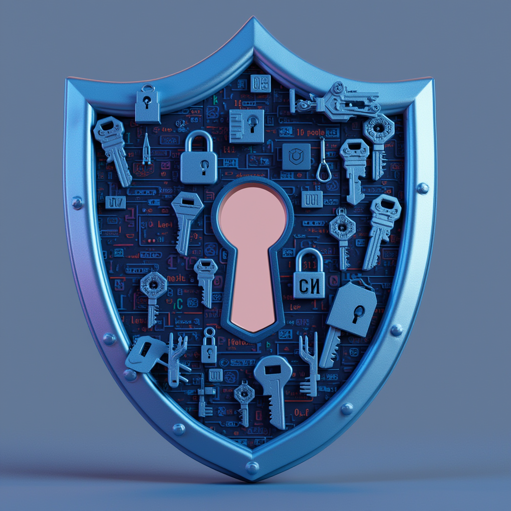 A metallic shield with a keyhole in the center, decorated with various keys and padlocks, symbolizing digital security and access control.