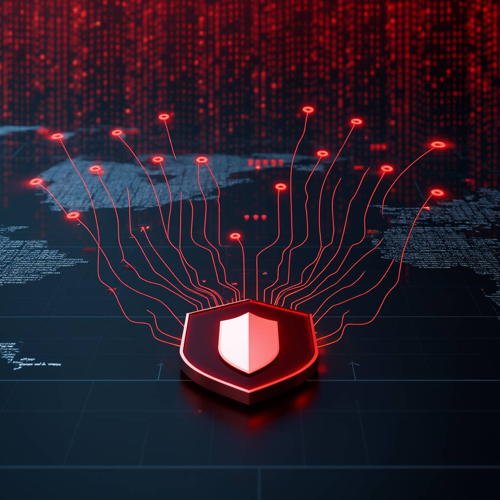 A digital shield icon with branching lines symbolizes cybersecurity, with a red matrix and code in the background representing data protection.