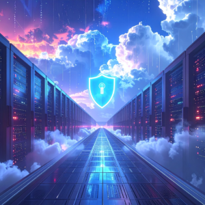 A futuristic data center hallway with servers on both sides, clouds at floor level, and a glowing digital shield with a keyhole symbol in the sky.