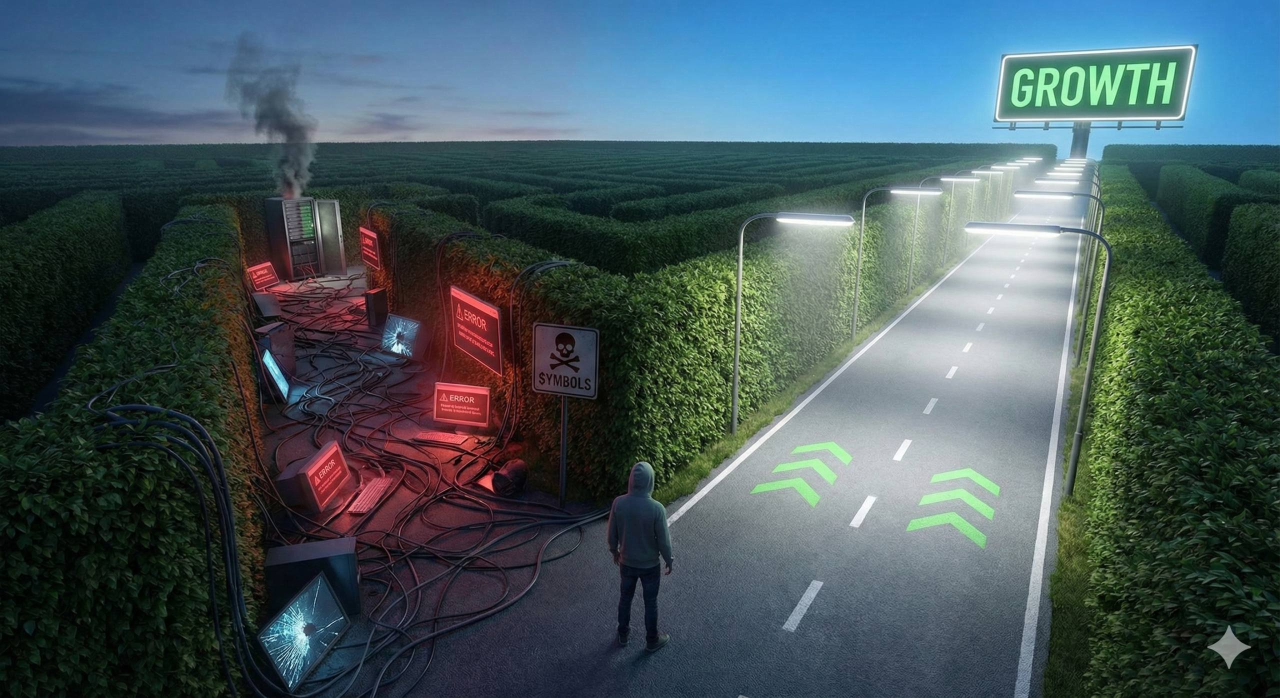 A maze where one path is dark, chaotic, and full of tech-related dead ends (crashes, threats, $ symbols). The other path is a clear, illuminated highway leading to a GROWTH signpost.