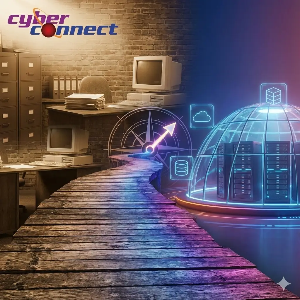 A conceptual digital illustration showing a clear transition from a traditional office to a modern digital hub