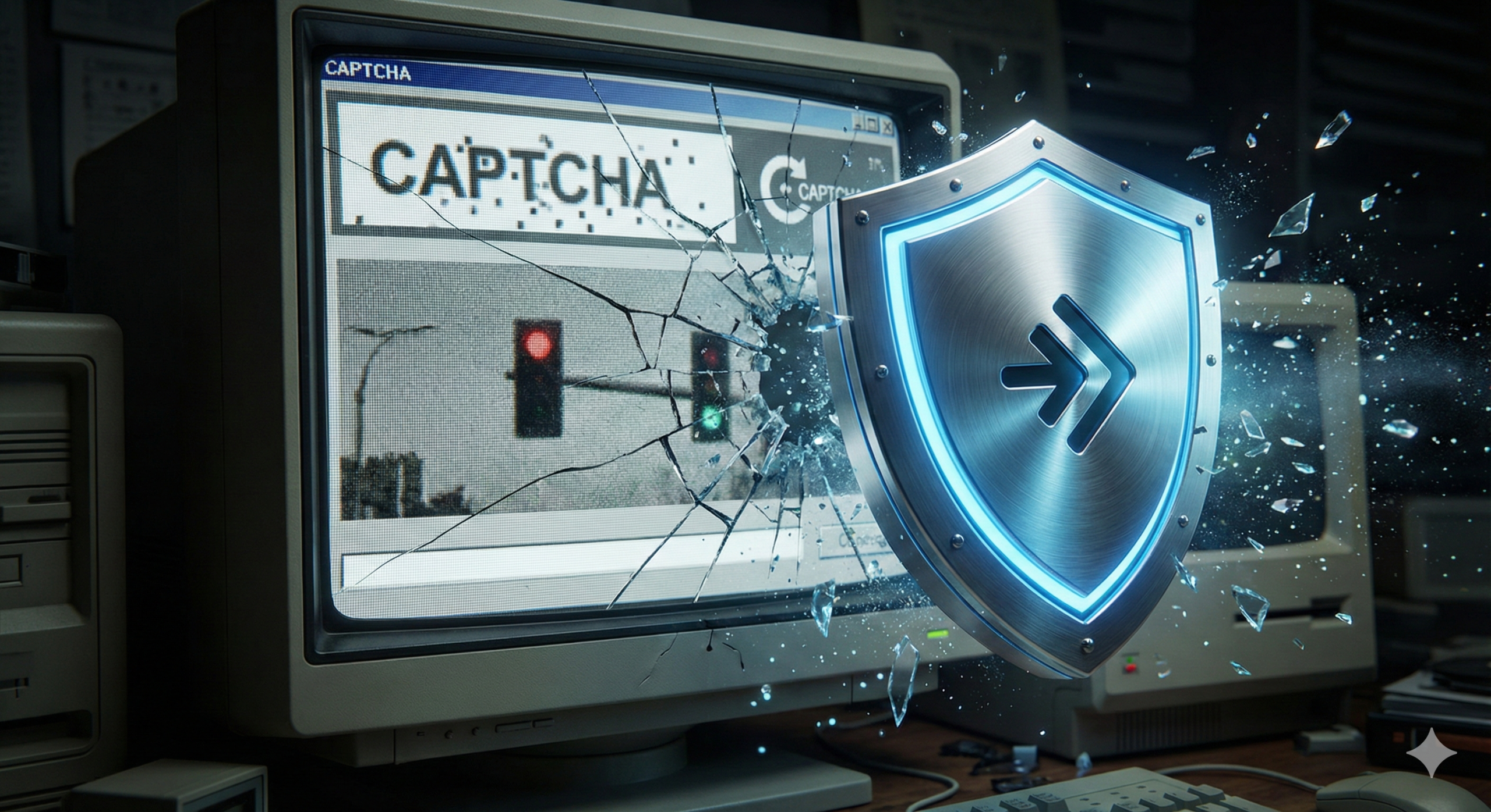 A visual of a broken, old-fashioned CAPTCHA puzzle (blurry text, traffic lights) being shattered by a sleek, modern shield.