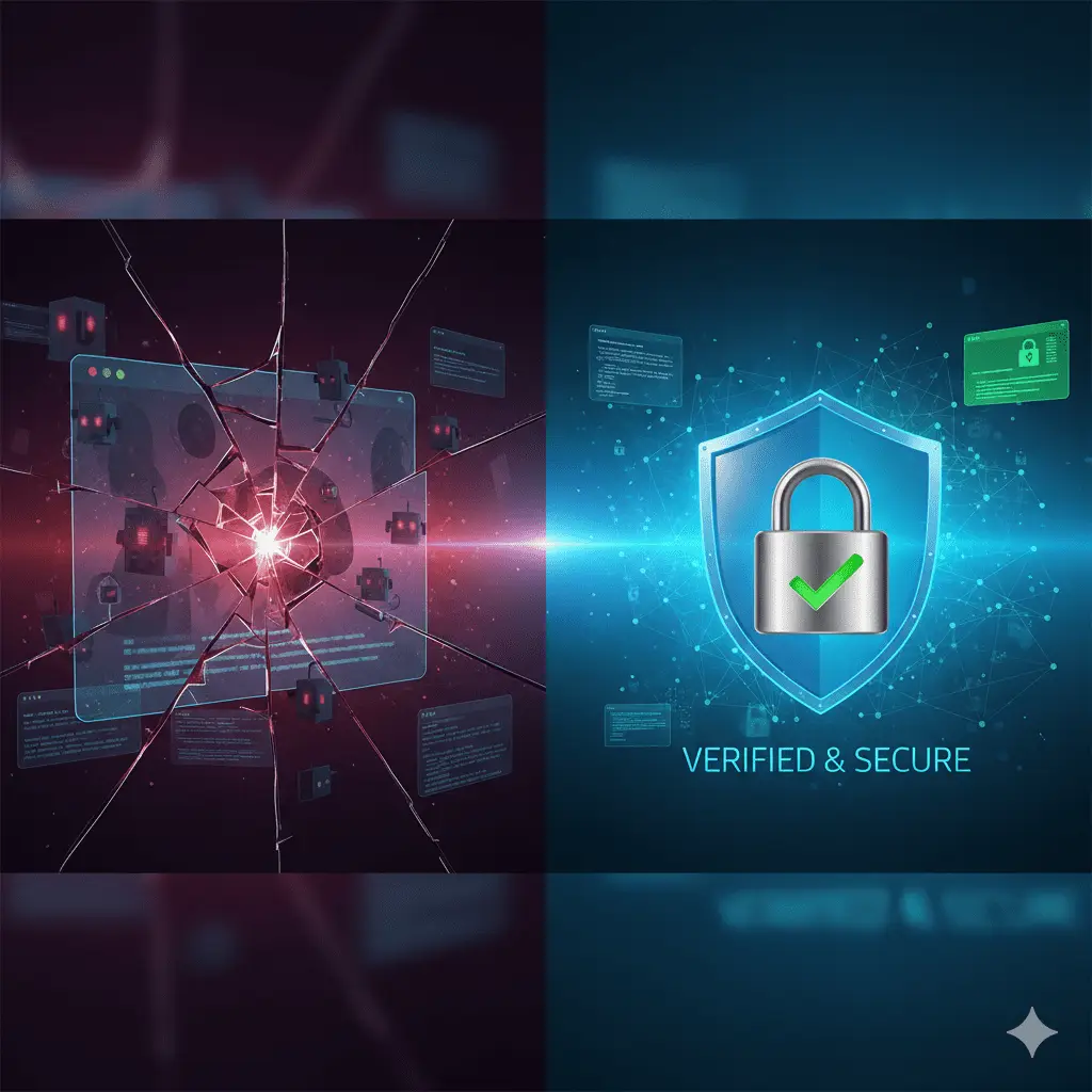 A visual split: one side shows a fractured digital screen with shadowy figures and bot icons; the other shows a shielded lock with a clear “verified” checkmark. Background includes subtle elements of code, browsers, and AI neural networks.