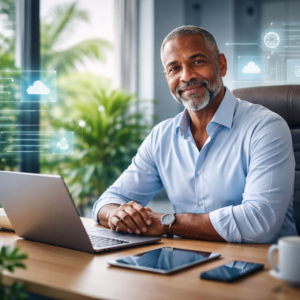 A modern, clean professional scene showing a small business owner working confidently at a sleek desk in a bright office