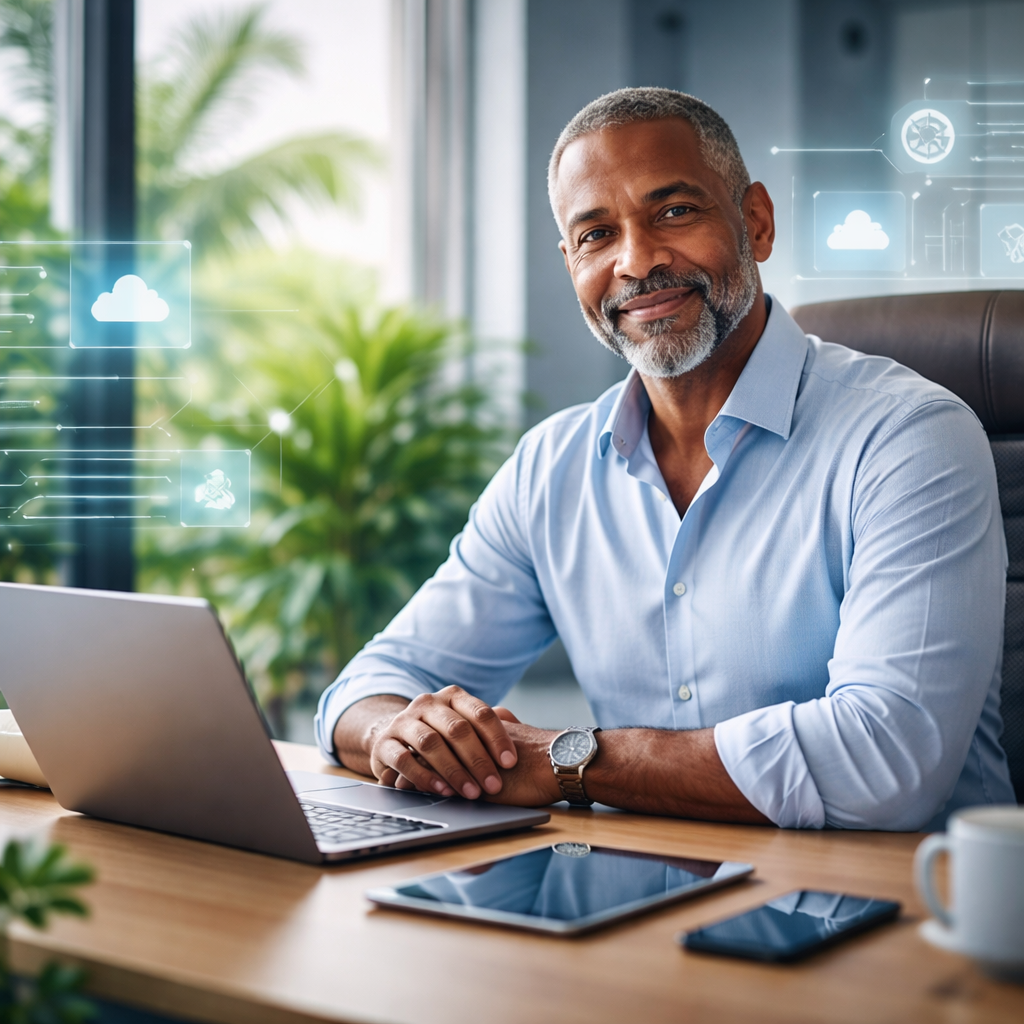 A modern, clean professional scene showing a small business owner working confidently at a sleek desk in a bright office