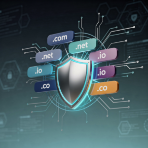 A visual concept a shield protecting a cluster of connected domain names (.com, .net, .io, .co) with network links radiating outward, set against a clean, tech-inspired background.