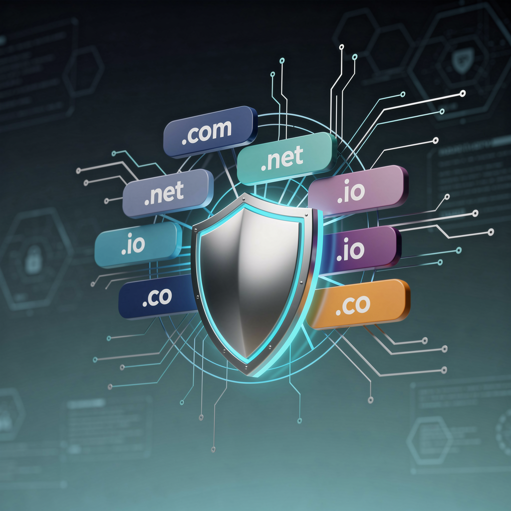 A visual concept a shield protecting a cluster of connected domain names (.com, .net, .io, .co) with network links radiating outward, set against a clean, tech-inspired background.