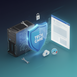 Photorealistic 3D render of a unified technology protection scene in an isometric, slightly angled perspective.