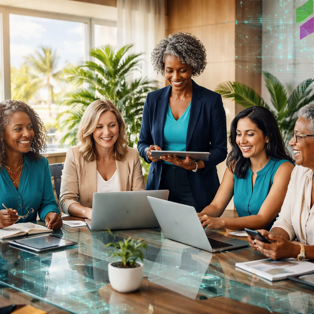 A diverse team of women collaborating around laptops and digital devices in a modern office setting.