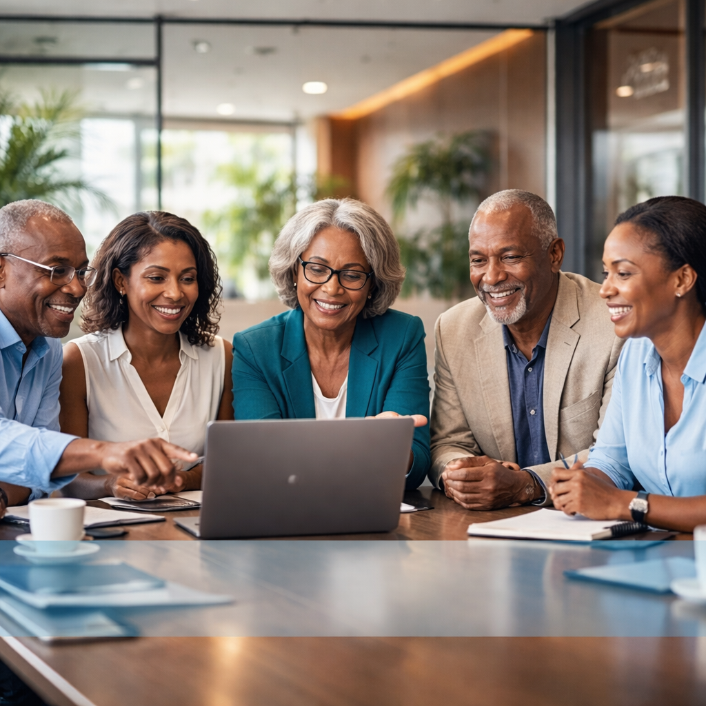 A group of executives gathered around a laptop. The image portrays the training facilitated while celebrating International Women's Day 2026.