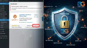 A split image: on the left, a WordPress dashboard showing the UpdraftPlus plugin with a red warning banner and an "Update Now" button. On the right, a shield with a lock and the BG Cyber Connect logo. In the background, a network map with nodes representing attack vectors.