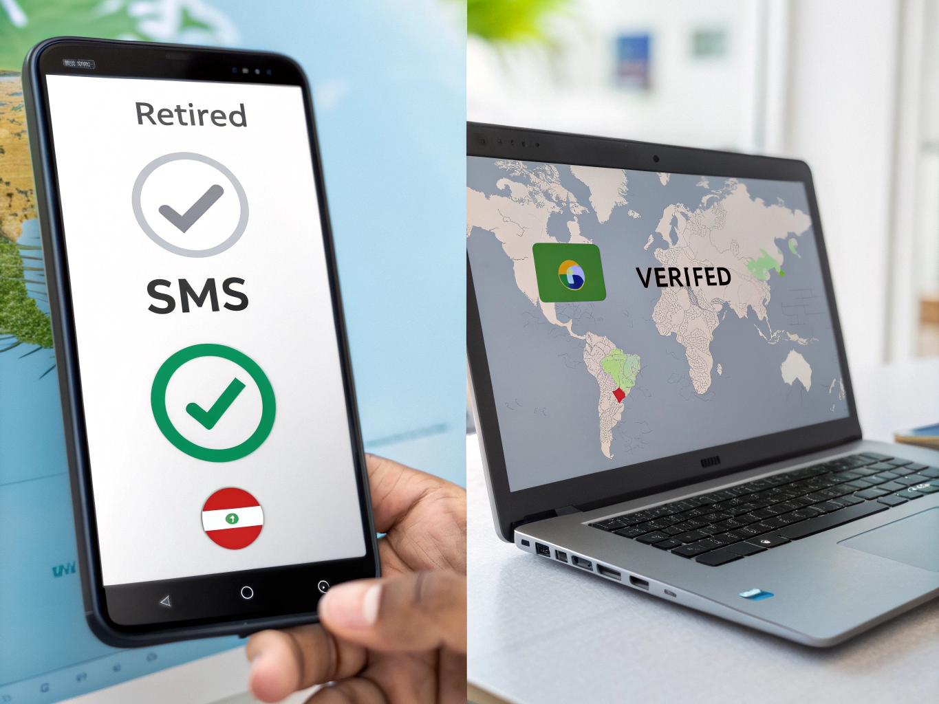 Split screen graphic of a smartphone displaying SMS verification checkmarks and a laptop showing a global verified map.