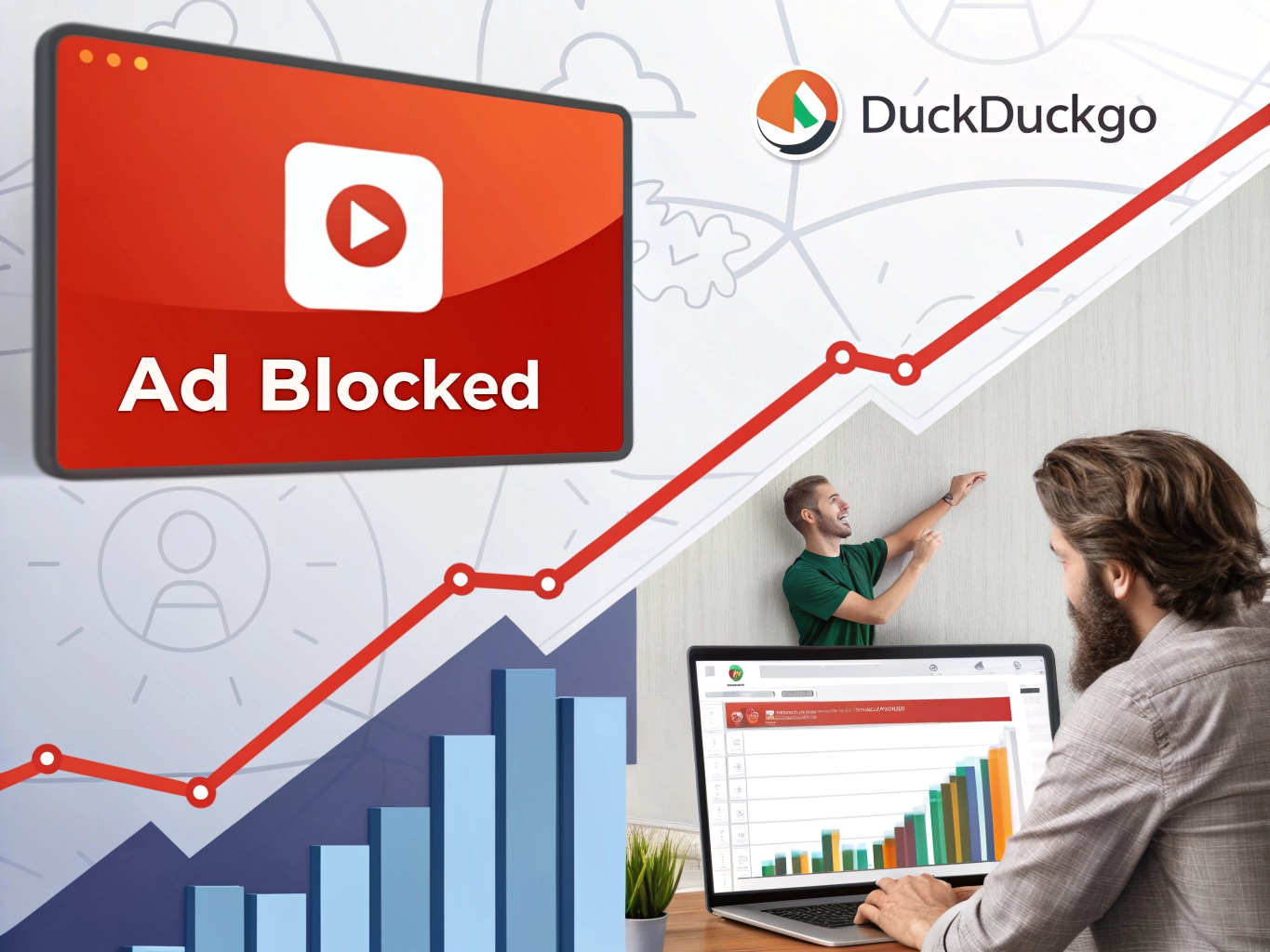 DuckDuckGo ad blocker graphic showing 'Ad Blocked' on a screen above a rising growth chart and a man working on a laptop
