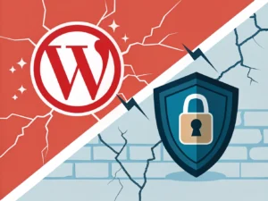 WordPress logo on a cracked red background opposed by a cyber security shield with a padlock representing website protection