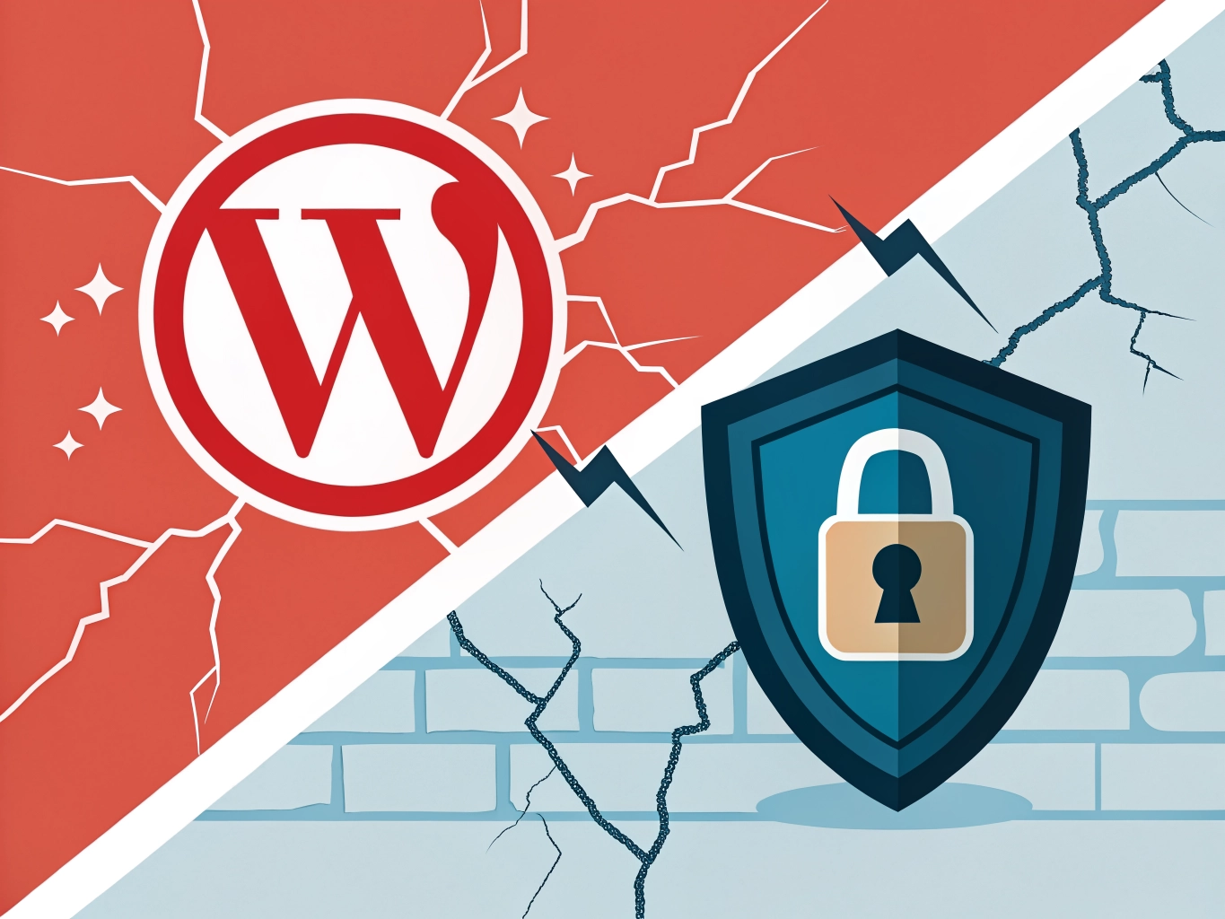WordPress logo on a cracked red background opposed by a cyber security shield with a padlock representing website protection