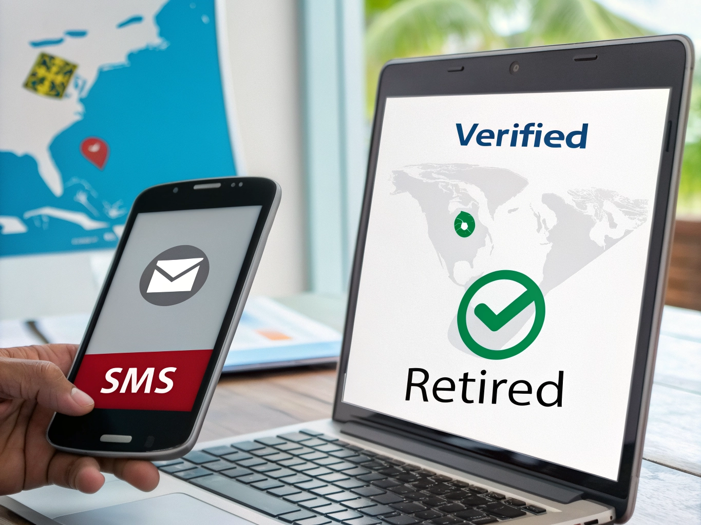Smartphone displaying SMS authentication next to a laptop showing a green checkmark with Verified and Retired text.