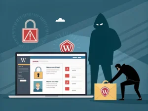 Vector illustration of a hooded hacker and thief stealing data from a laptop displaying a WordPress dashboard.