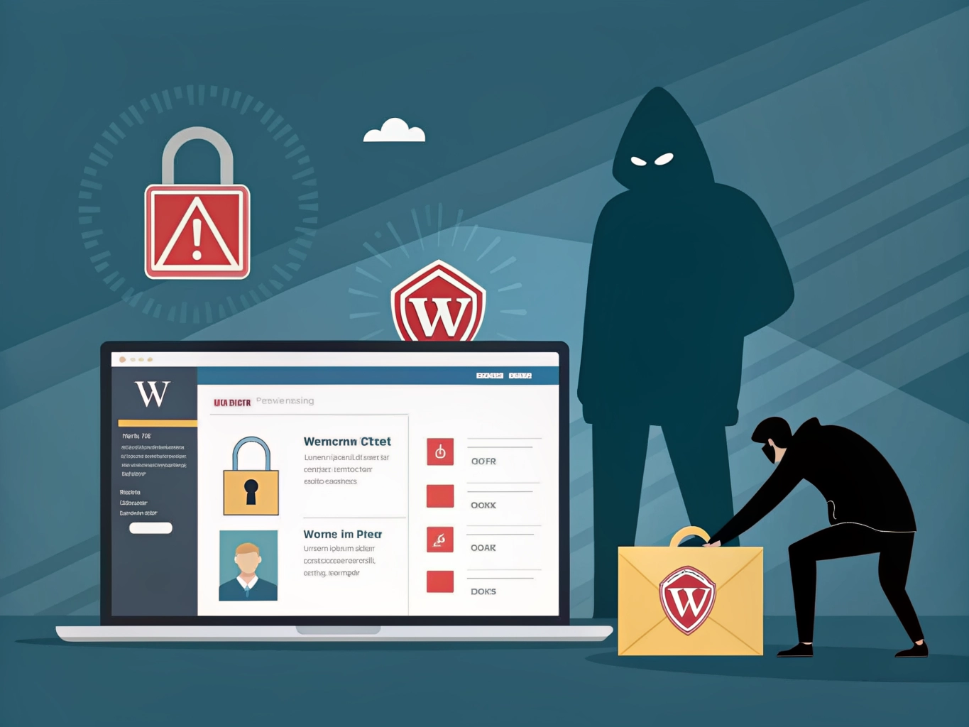Vector illustration of a hooded hacker and thief stealing data from a laptop displaying a WordPress dashboard.