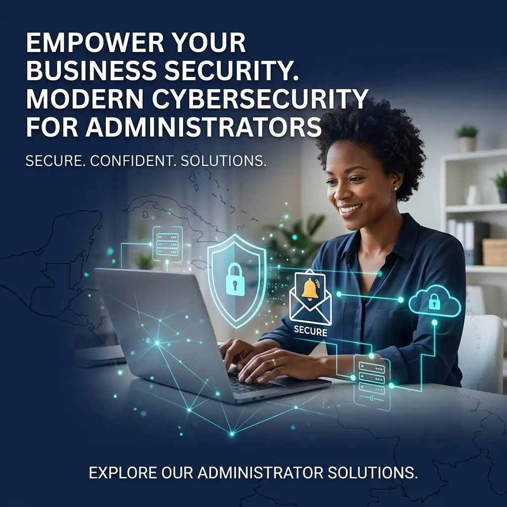 Female IT administrator working on laptop with holographic security icons and Empower Your Business Security text.