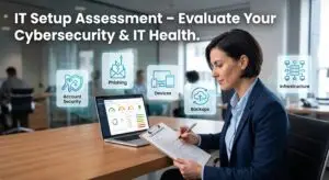 Woman completing IT setup assessment checklist beside laptop showing cybersecurity health dashboard.
